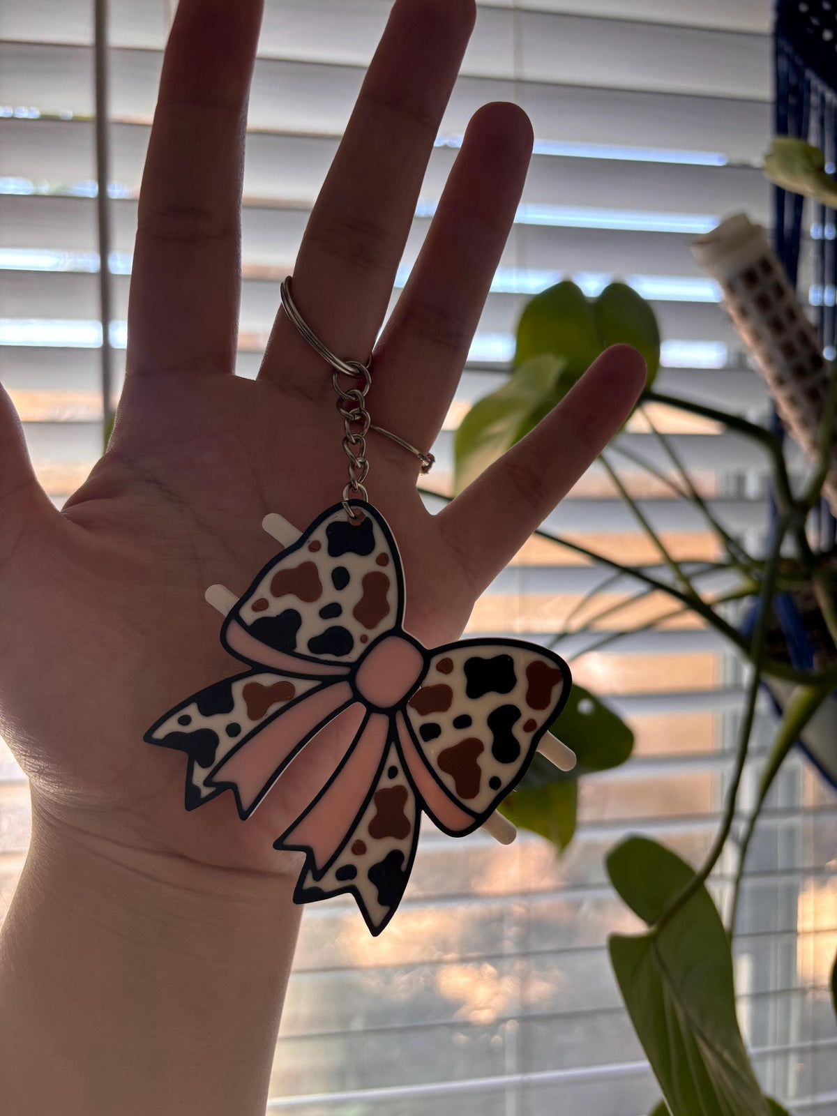 Bow Cowprint Hair Tie Holder Keychain